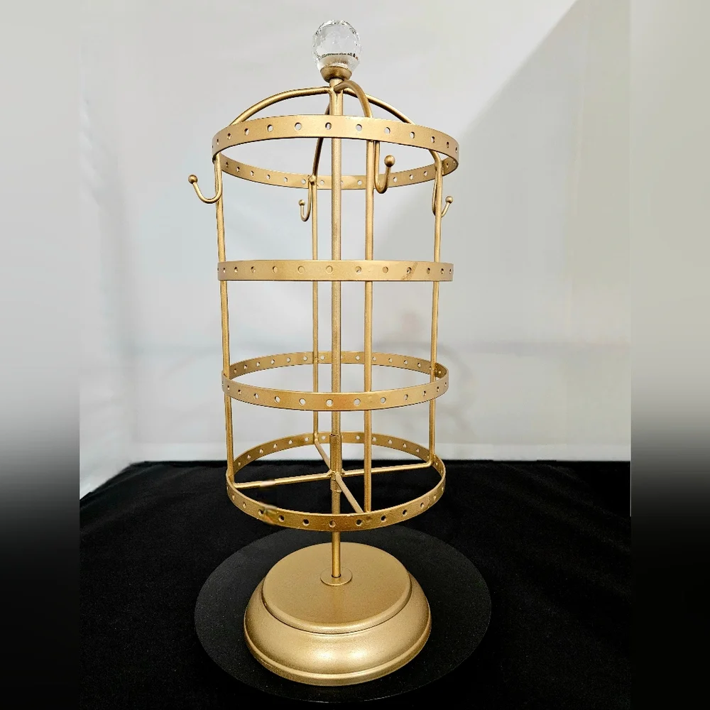 Earring carousel jewelry holder 4-tier hooks gold color EUC Organizer Display
